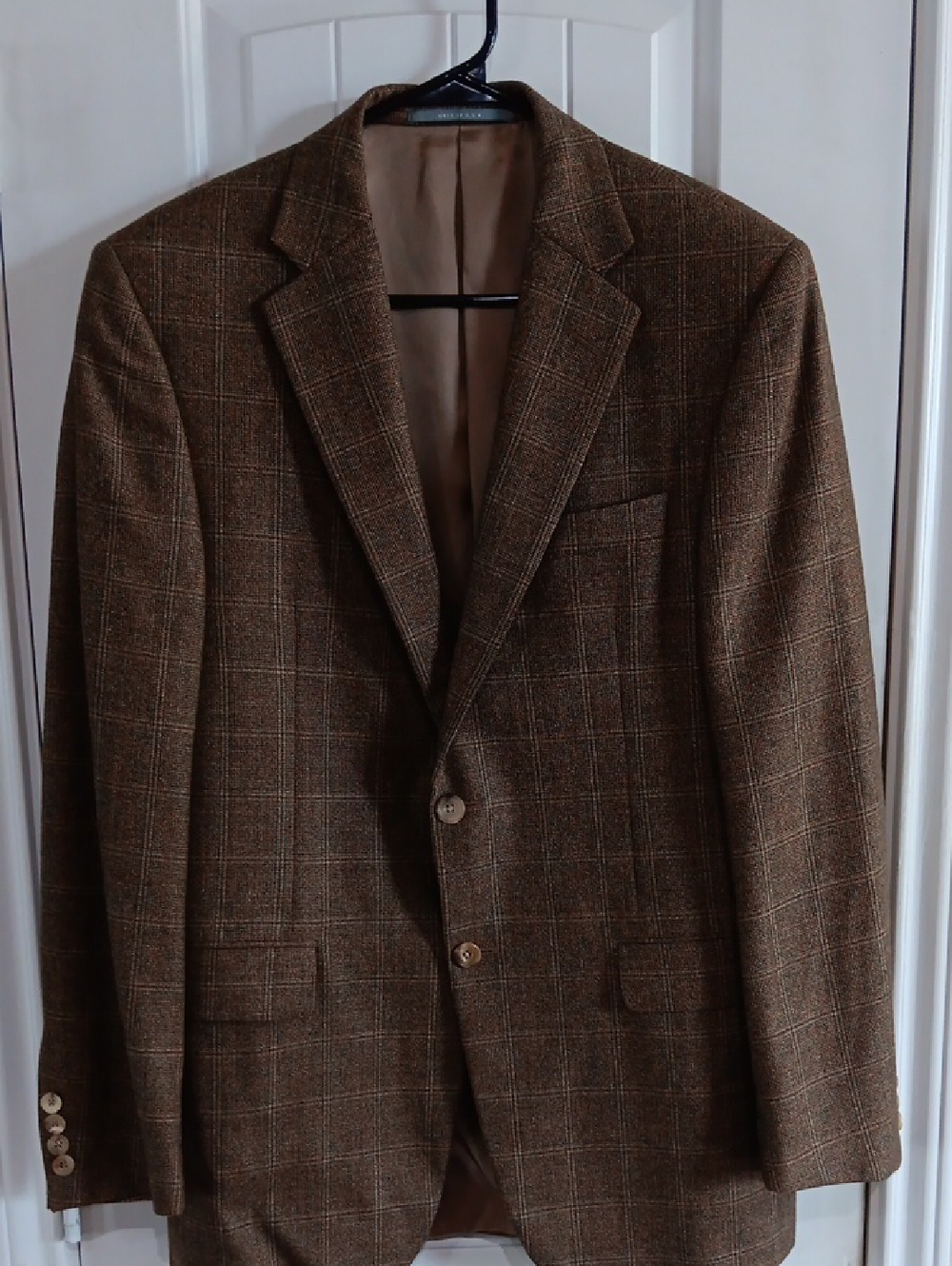 Vintage 90s Hickey Freeman Brown Windowpane Plaid Wool Sport Coat Blazer 39R